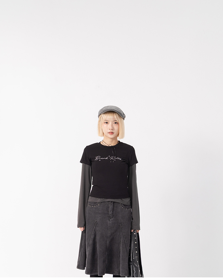 Rhinestone Lettering Elastic Fit Short-Sleeve Top - Black S/M【01200053】in stock+pre-order