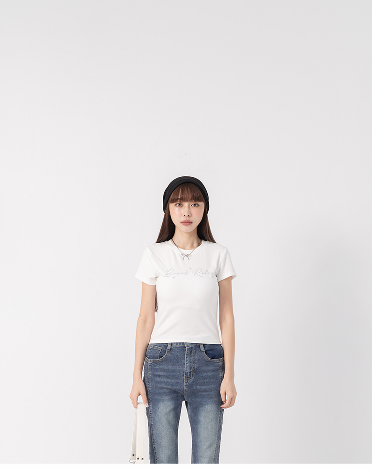 Rhinestone-Letter Fitted Short-Sleeve Top - White S/M【01200054】in stock+pre-order