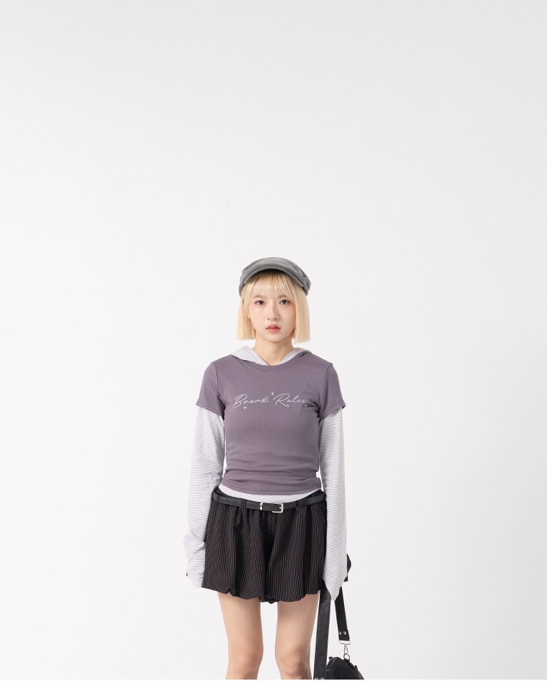 Rhinestone-Letter Fitted Short-Sleeve Top – Dark Gray S/M【01200055】in stock+pre-order