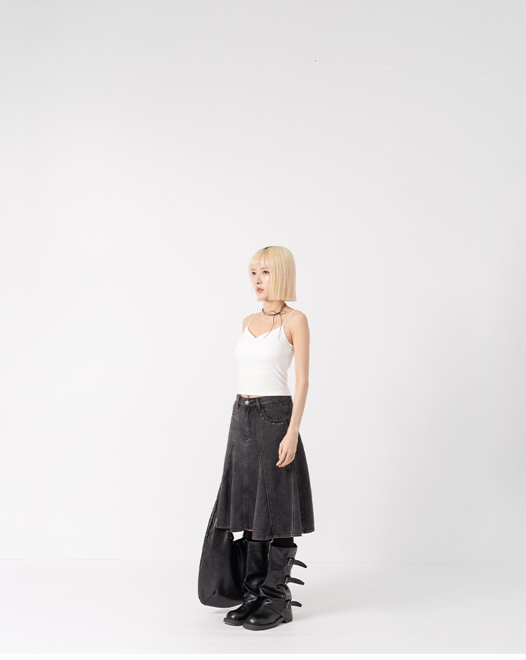 Rivet and Eyelet Detail Washed Denim Midi Skirt (S/M/L)【03030268】in stock+pre-order