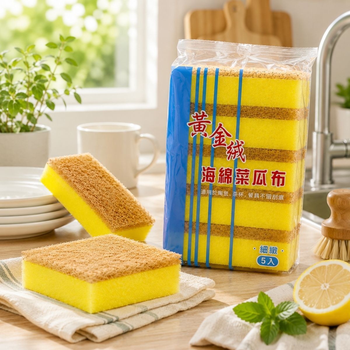 黃金絨海綿菜瓜布5入｜海綿菜瓜布 洗碗海綿 清潔海綿 洗碗布 廚房清潔刷 去污海綿【輕鬆購五金百貨】