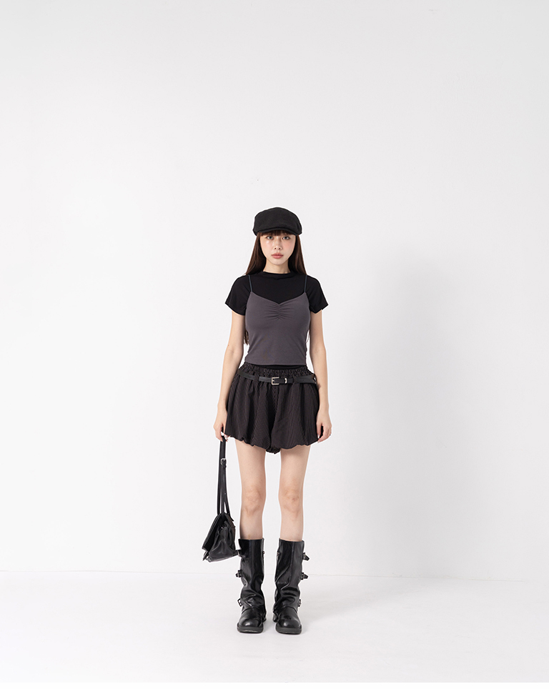 Striped balloon-style shorts with belt【04130344】in stock+pre-order