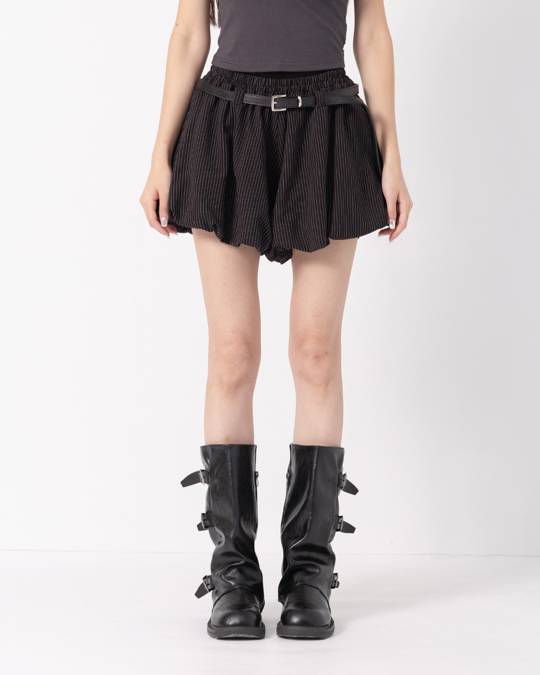 Striped balloon-style shorts with belt【04130344】in stock+pre-order