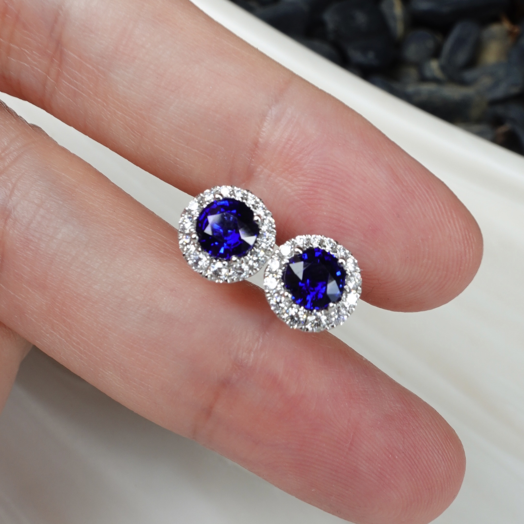 18K Gold Royal Blue Sapphire Earrings with Diamonds setting - Round cut
