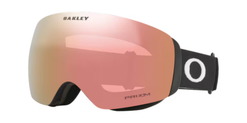 OAKLEY Flight Deck™ M滑雪風鏡黑框玫瑰金Prizm鏡片正面視圖，鏡片上緣印有OAKLEY字樣，鏡框側邊標示PRIZM品牌標誌