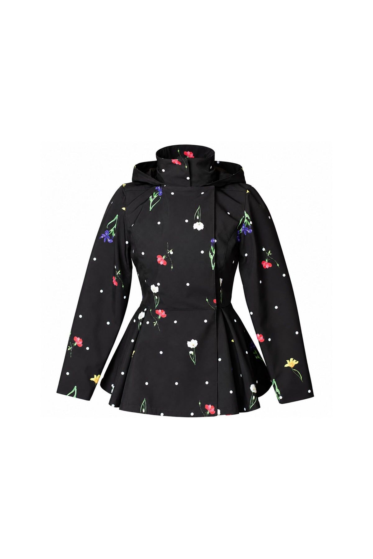 1RS0905-001 [RAINSISTERS] Mid-season Detachable Hood Double Breasted Jackets Black With White Polka Dots And Floral Print #S-COME (EU)