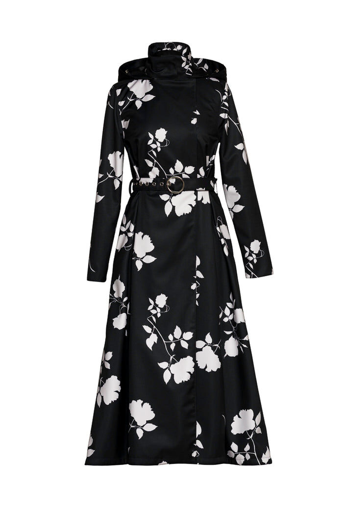 1RS0905-008 [RAINSISTERS] Mid-season Double Breasted Trapeze Coat With Pleats Black With White Floral Print #S-IVSH (EU)