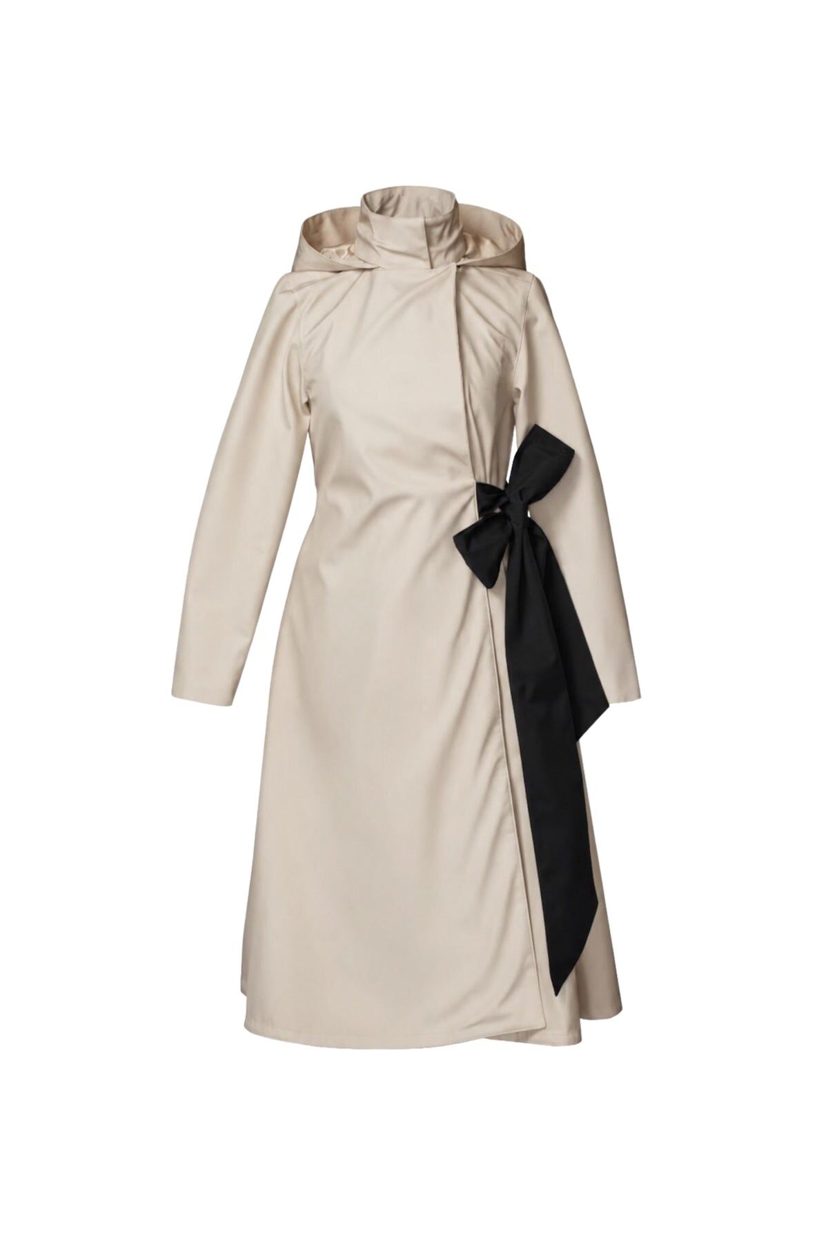 1RS0905-005 [RAINSISTERS] Mid-season Detachable Hood Double Breasted Trapeze Coat Beige With Black Bow Belt #S-DEBO (EU)