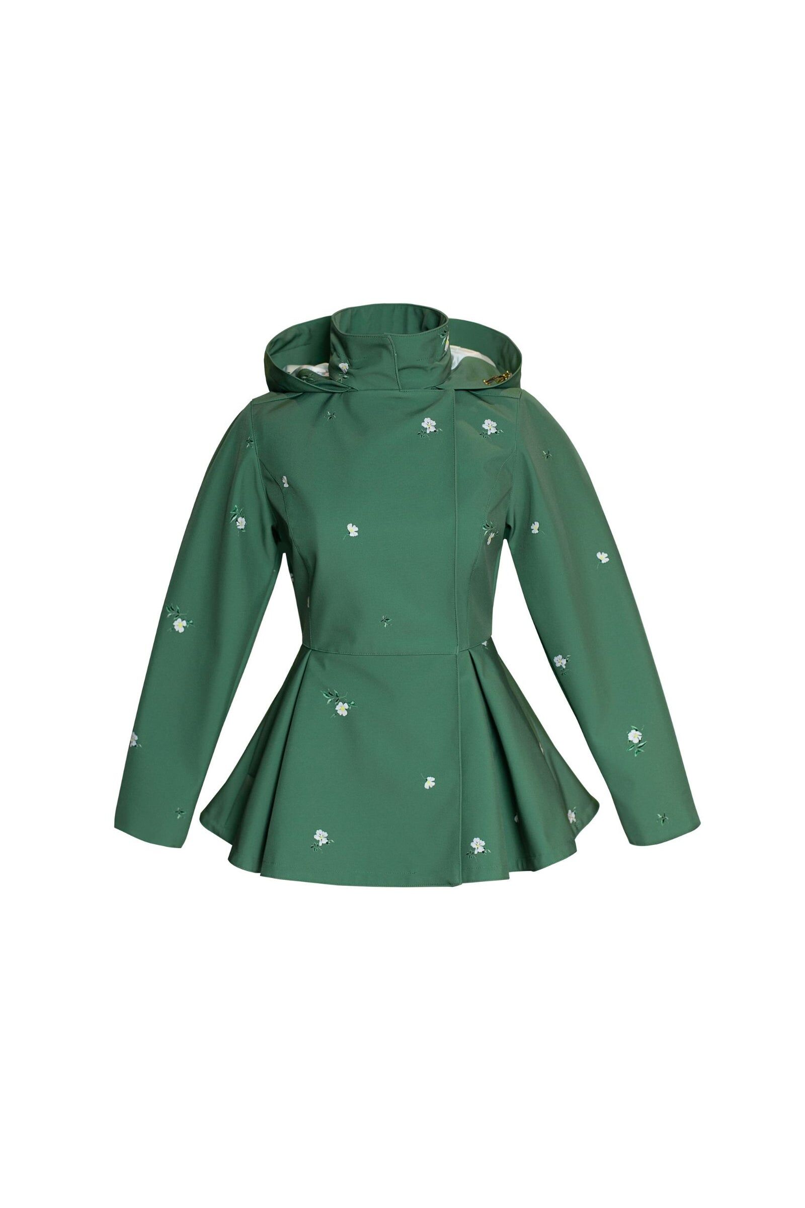1RS0905-004 [RAINSISTERS] Mid-season Detachable Hood Double Breasted Jackets Green With White Floral Print #S-PRGR (EU)
