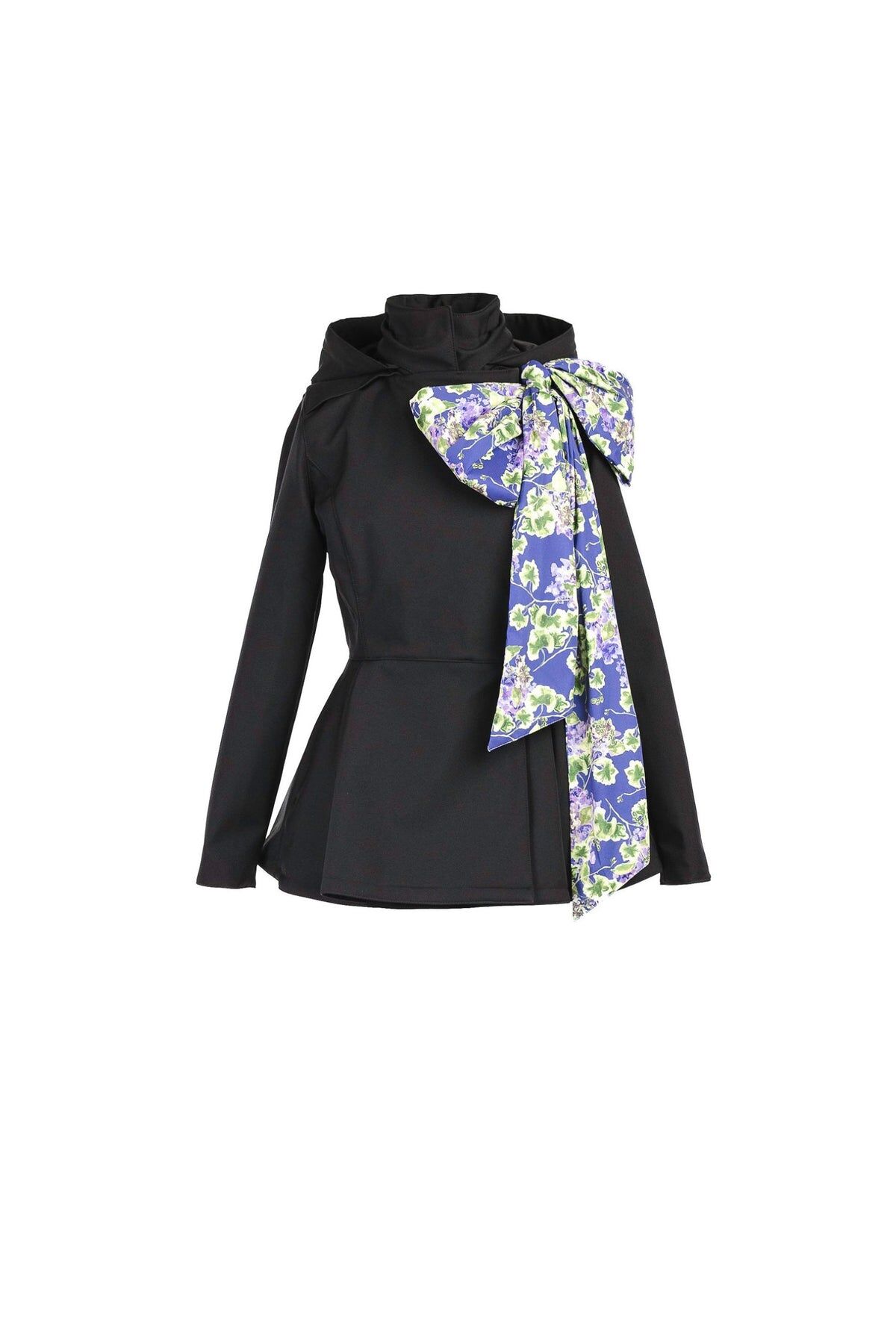 1RS0905-003 [RAINSISTERS] Mid-season Detachable Hood Double Breasted Jackets Black Monochrome With Detachable Bow Accessory In Floral Print #S-MOBO (EU)
