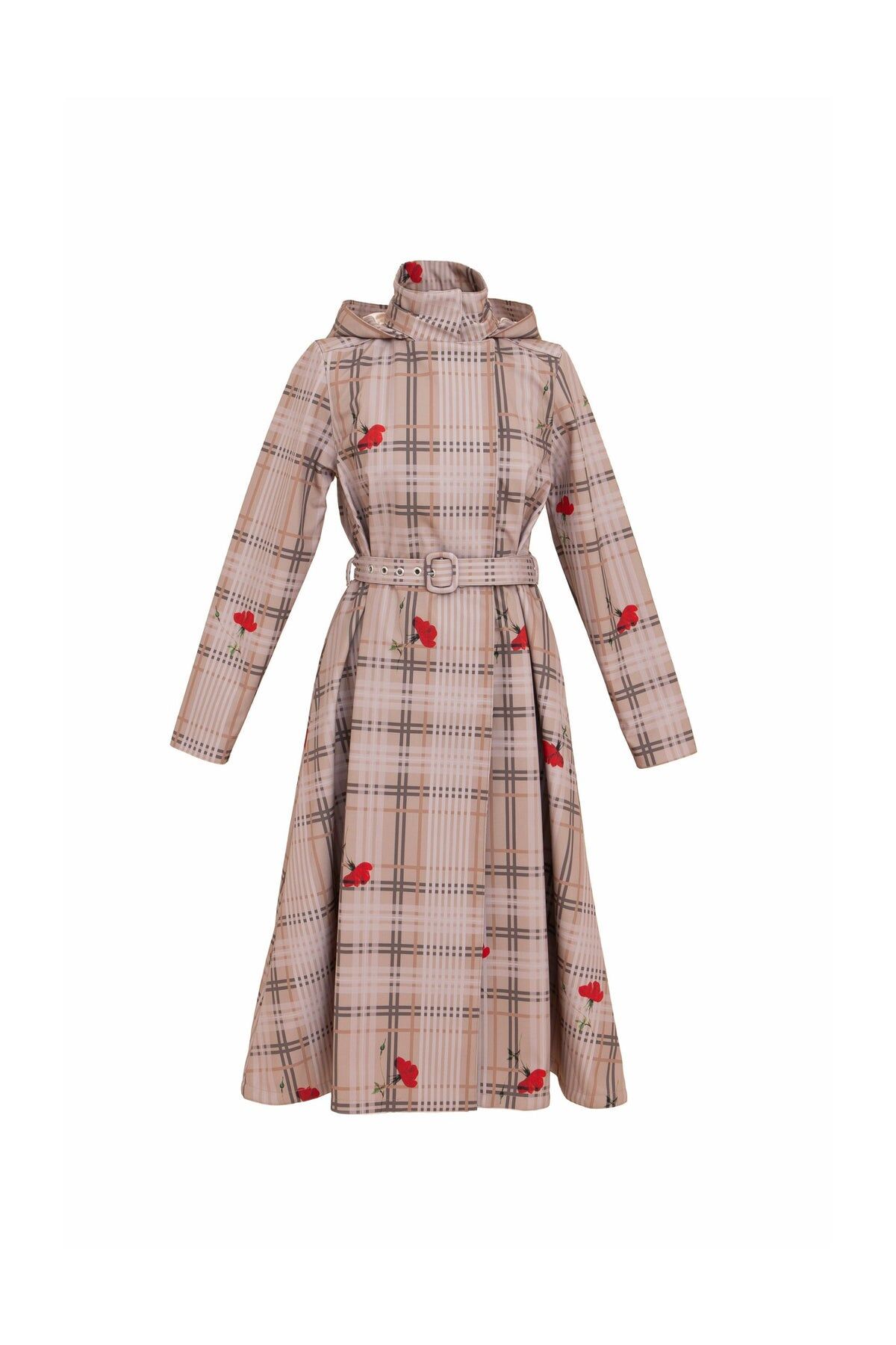 1RS0905-006 [RAINSISTERS] Mid-season Detachable Hood Double Breasted Trapeze Coat With Pleats Beige With Plaid And Floral Print #S-BOTC (EU)