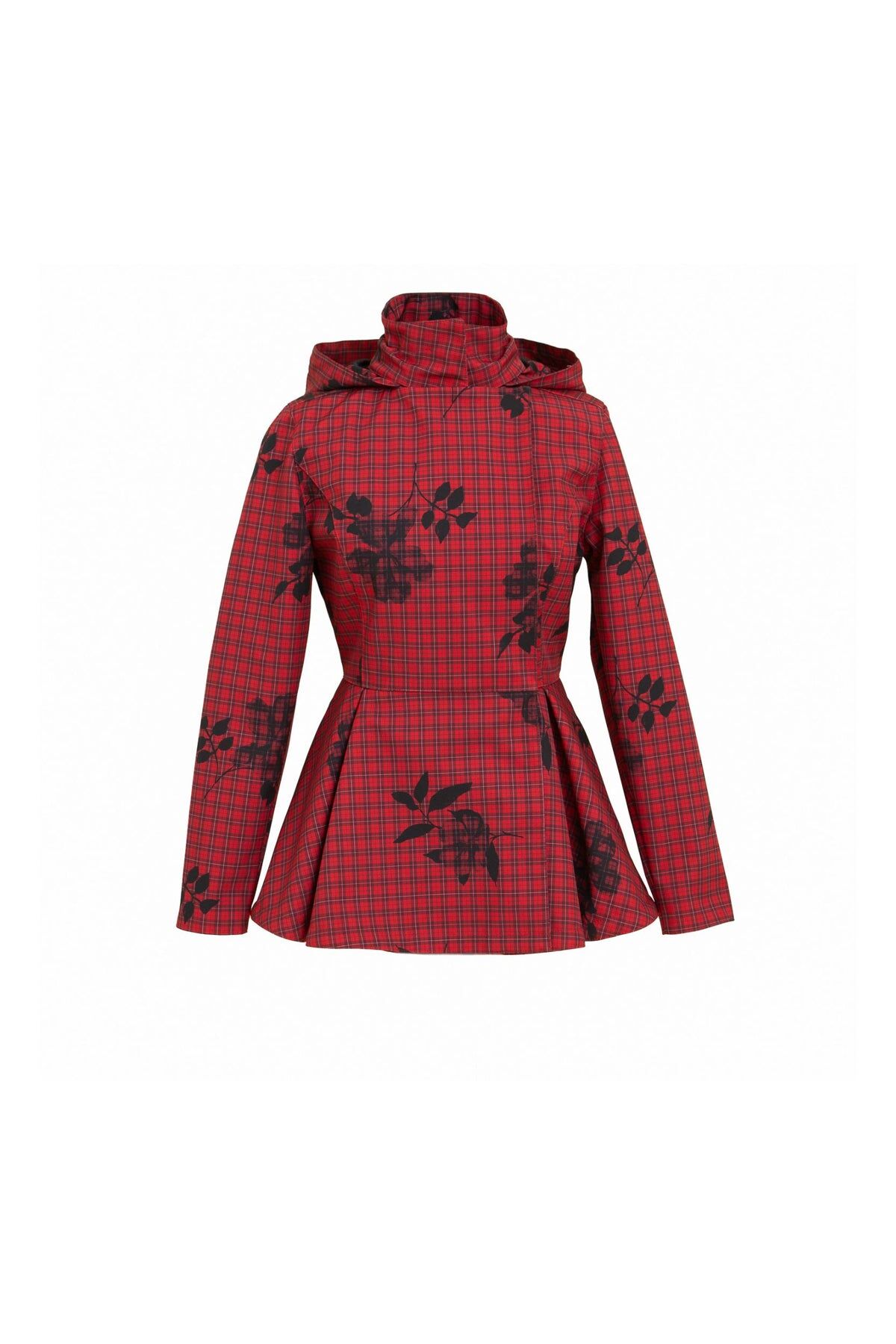 1RS0905-002 [RAINSISTERS] Mid-season Detachable Hood Double Breasted Jackets Crimson Red With Plaid And Floral Print #S-CRHE (EU)