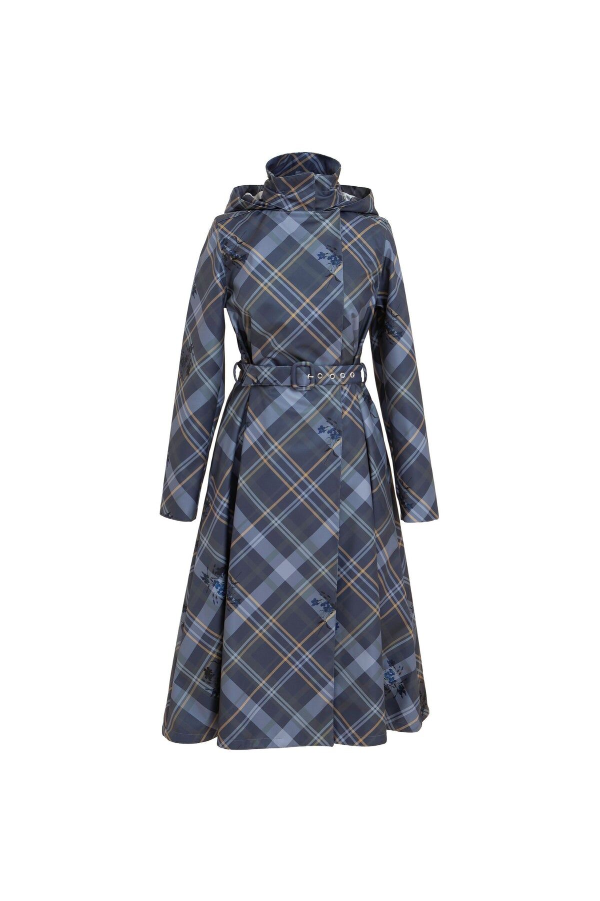 1RS0905-007 [RAINSISTERS] Mid-season Detachable Hood Double Breasted Trapeze Coat With Pleats Dark Blue With Plaid And Floral Print #S-DUBL (EU)