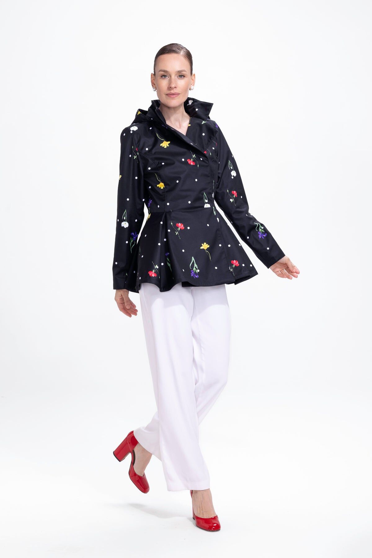 1RS0905-001 [RAINSISTERS] Mid-season Detachable Hood Double Breasted Jackets Black With White Polka Dots And Floral Print #S-COME (EU)