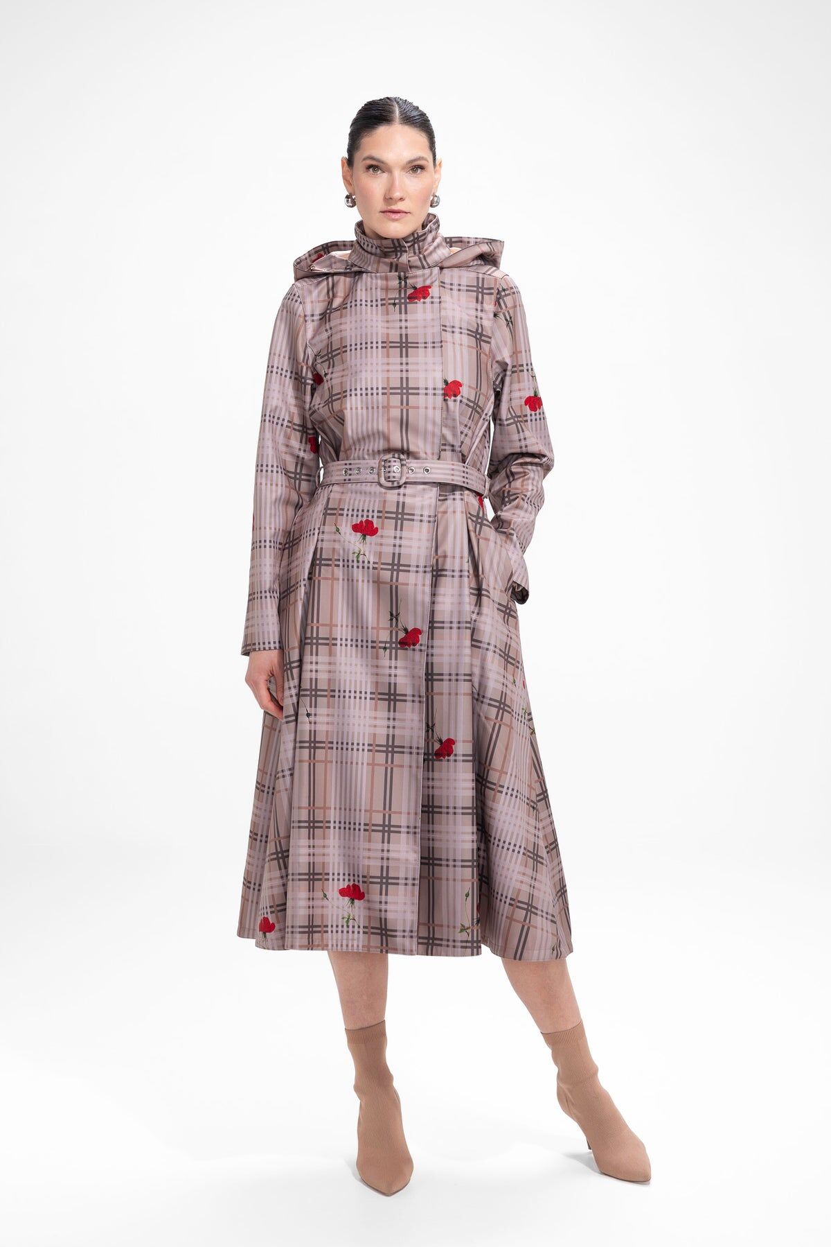 1RS0905-006 [RAINSISTERS] Mid-season Detachable Hood Double Breasted Trapeze Coat With Pleats Beige With Plaid And Floral Print #S-BOTC (EU)
