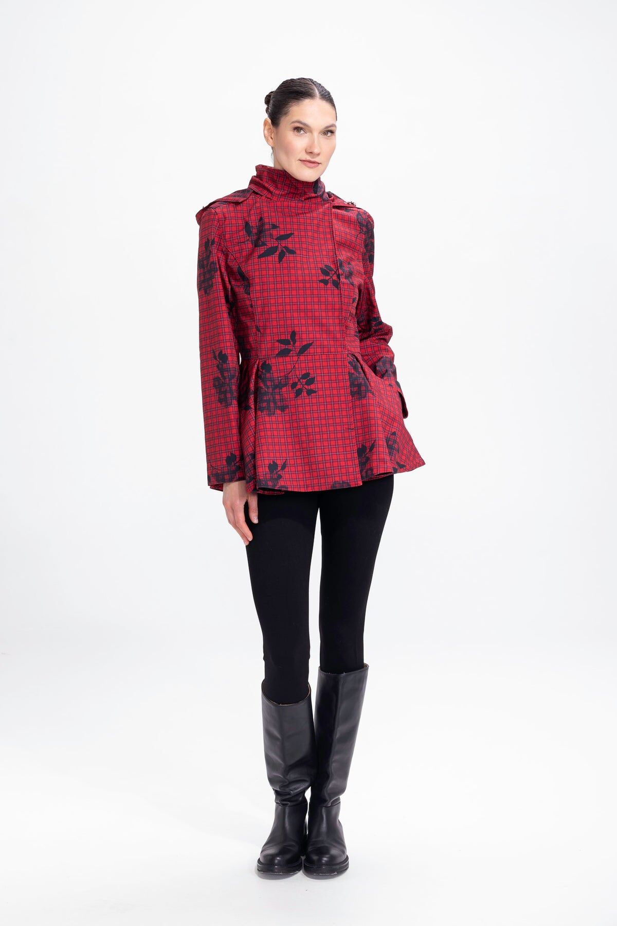 1RS0905-002 [RAINSISTERS] Mid-season Detachable Hood Double Breasted Jackets Crimson Red With Plaid And Floral Print #S-CRHE (EU)