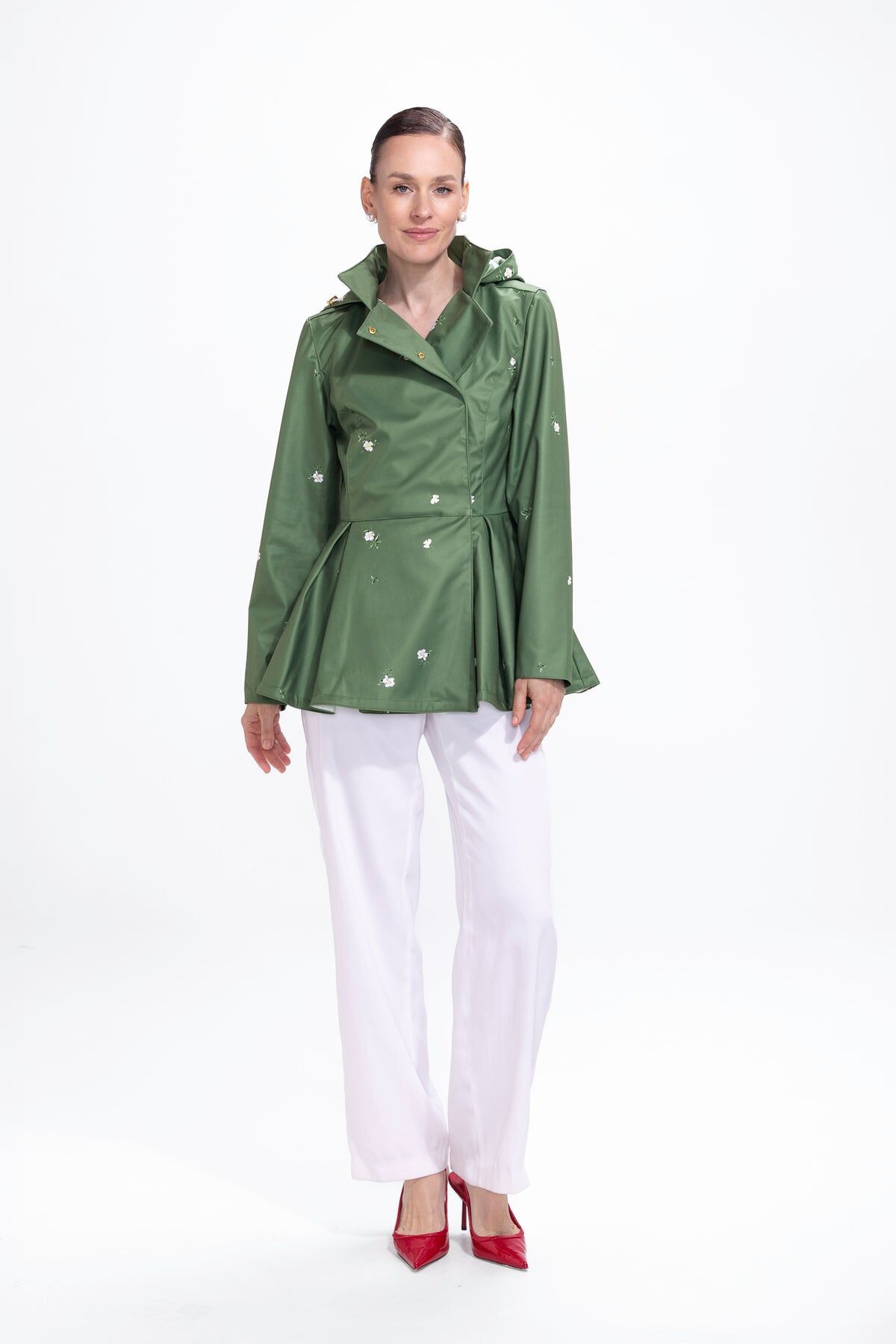 1RS0905-004 [RAINSISTERS] Mid-season Detachable Hood Double Breasted Jackets Green With White Floral Print #S-PRGR (EU)