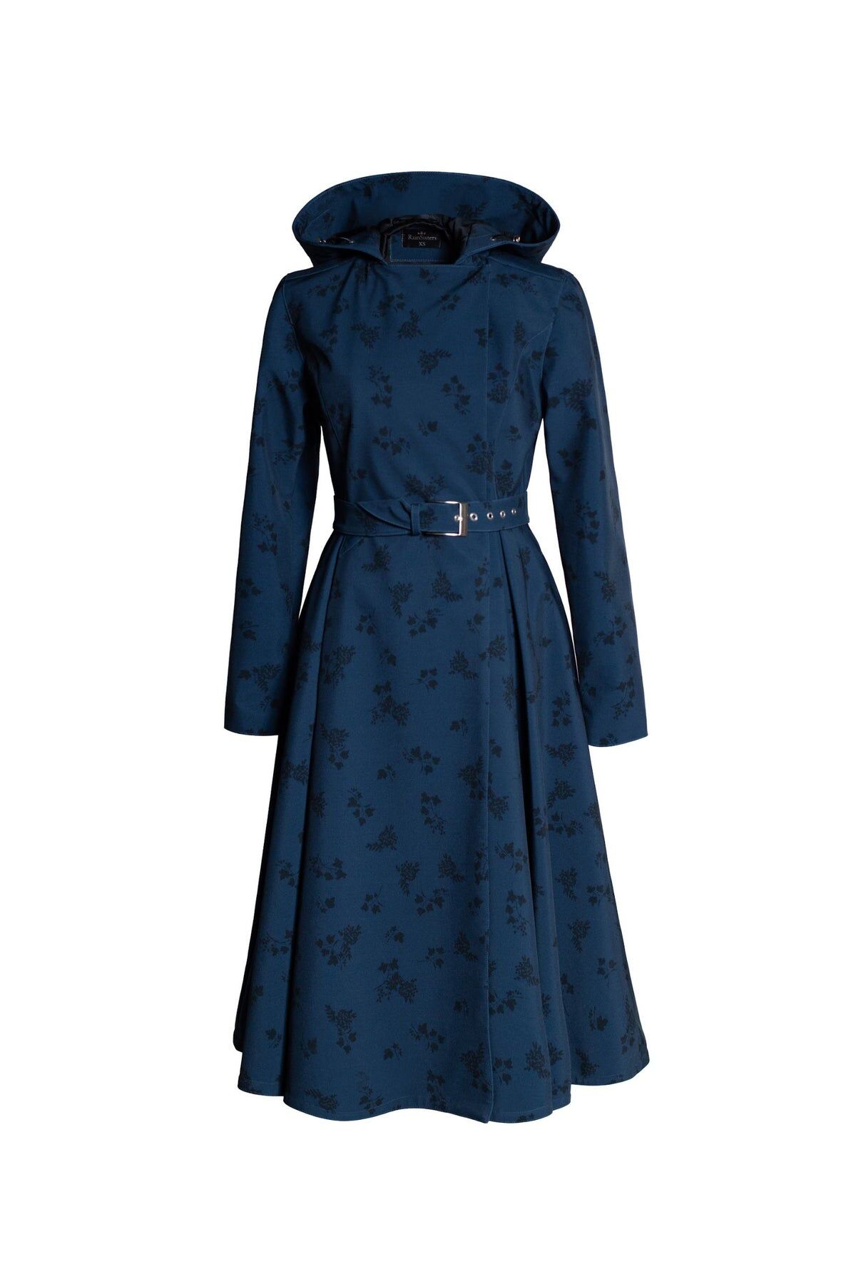1RS0905-011 [RAINSISTERS] Mid-season Double Breasted Trench Coat Dark Blue With Black Floral Print #S-BLFR (EU)