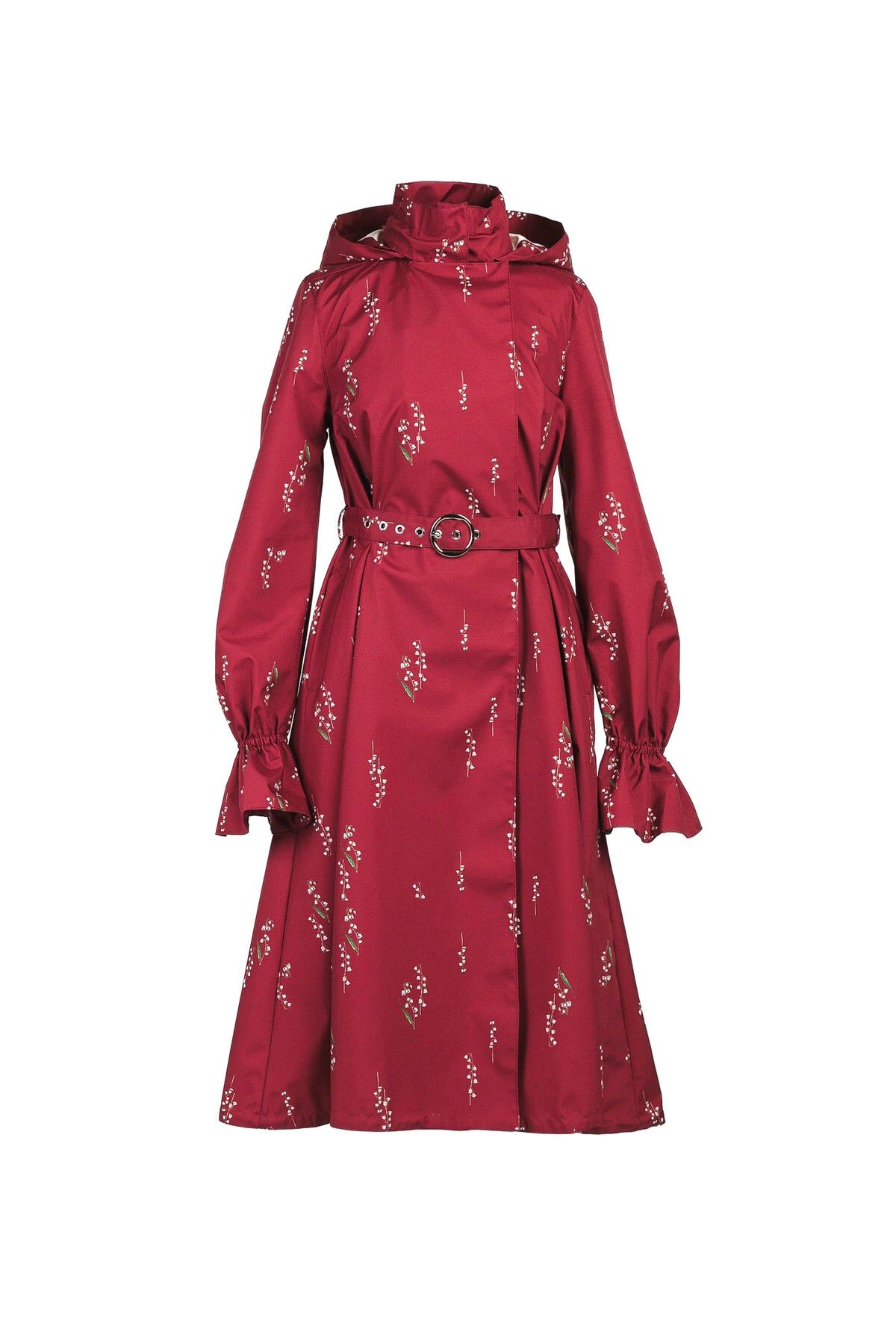 1RS0905-009 [RAINSISTERS] Summer Season Detachable Hood Double Breasted Trapeze Coat With Pleats Crimson Red With White Floral Print #L-CRLI (EU)