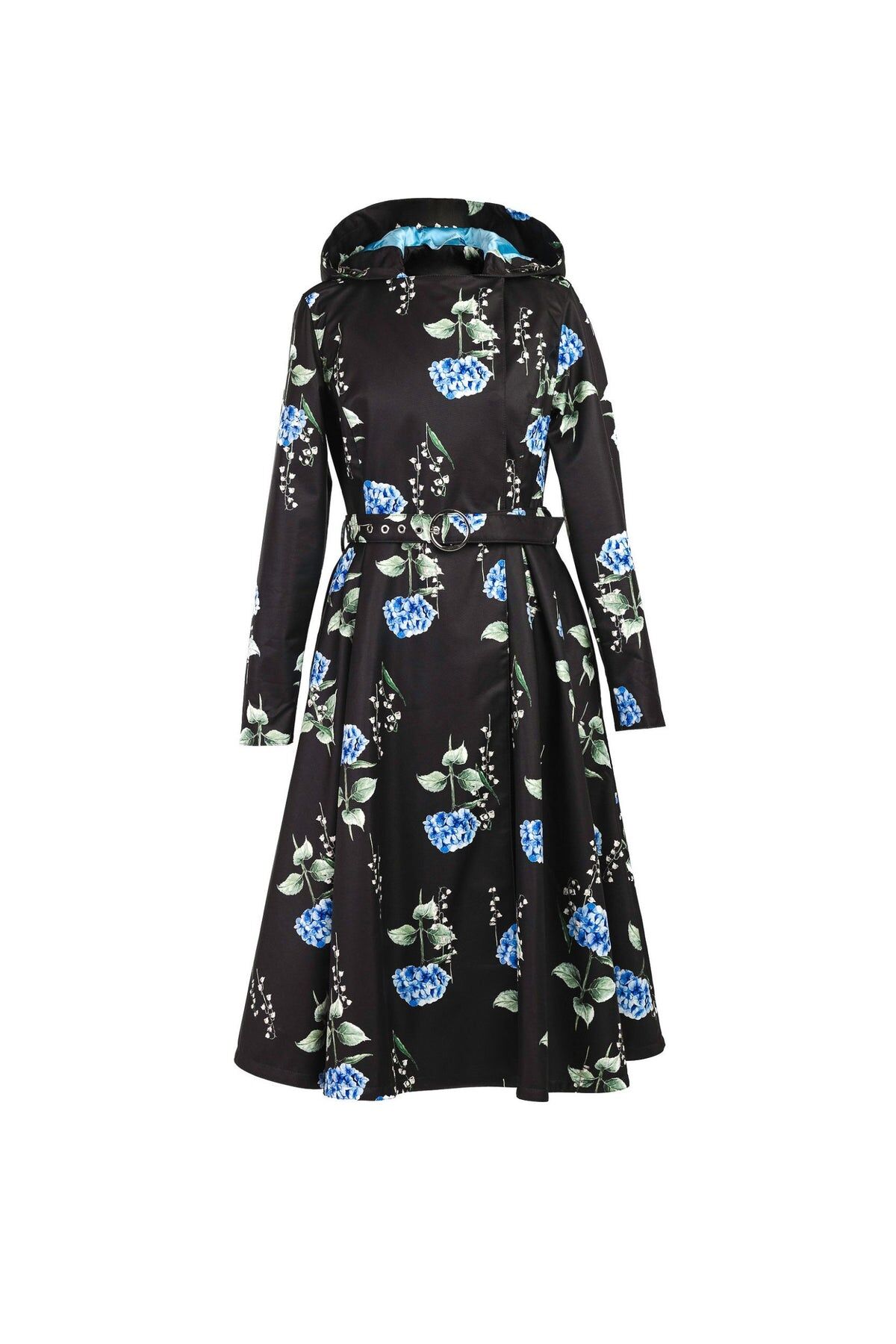 1RS0905-013 [RAINSISTERS] Mid-season Double Breasted Trench Coat Black With Blue-Green Floral Print #S-FLMO (EU)