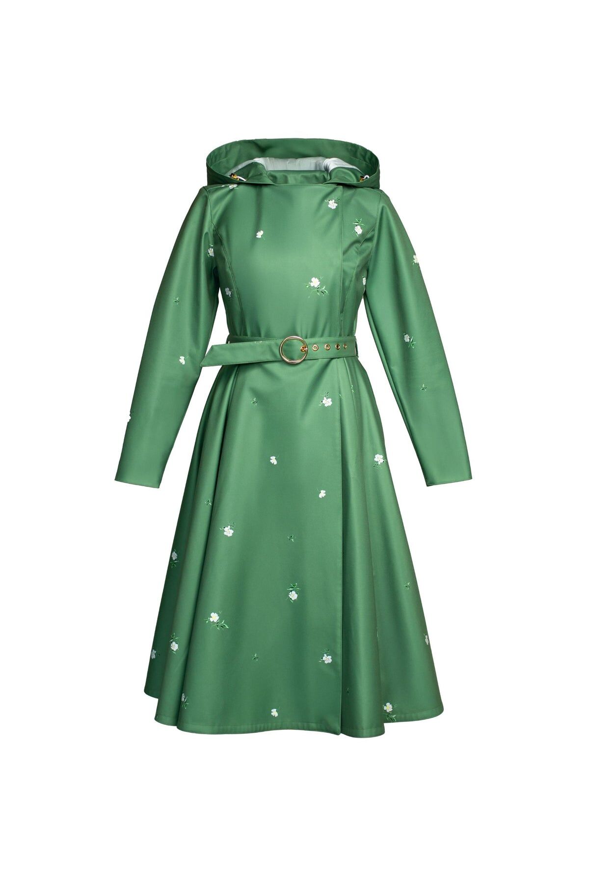1RS0905-014 [RAINSISTERS] Mid-season Double Breasted Trench Coat Green With White Floral Print #S-PRBL (EU)