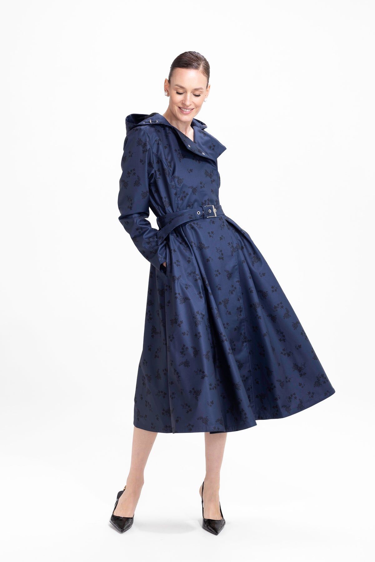 1RS0905-011 [RAINSISTERS] Mid-season Double Breasted Trench Coat Dark Blue With Black Floral Print #S-BLFR (EU)