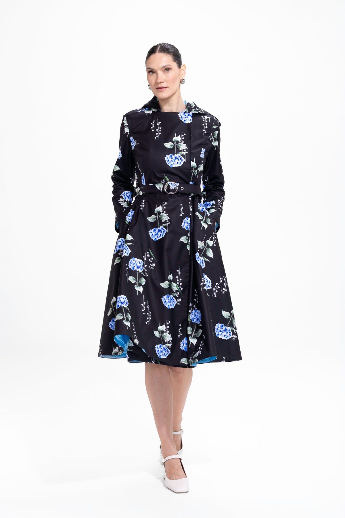 1RS0905-013 [RAINSISTERS] Mid-season Double Breasted Trench Coat Black With Blue-Green Floral Print #S-FLMO (EU)