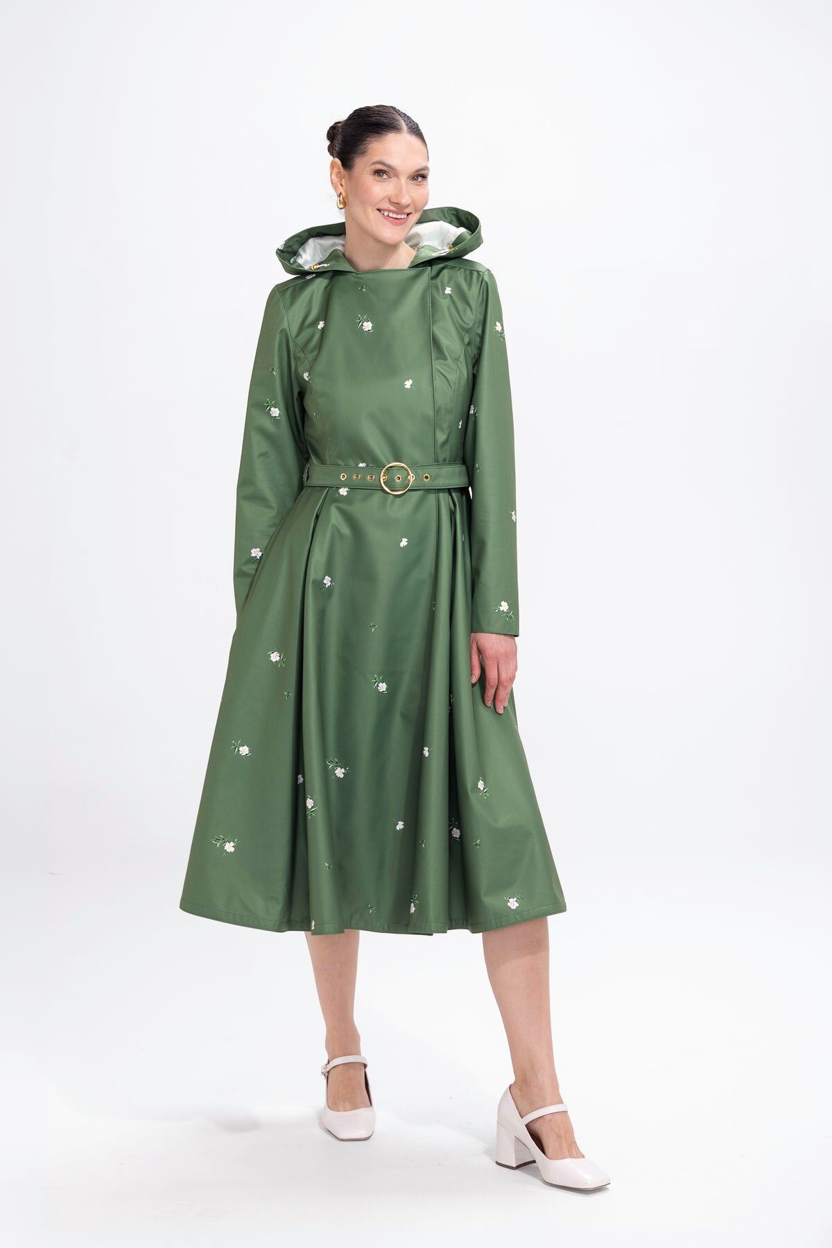 1RS0905-014 [RAINSISTERS] Mid-season Double Breasted Trench Coat Green With White Floral Print #S-PRBL (EU)