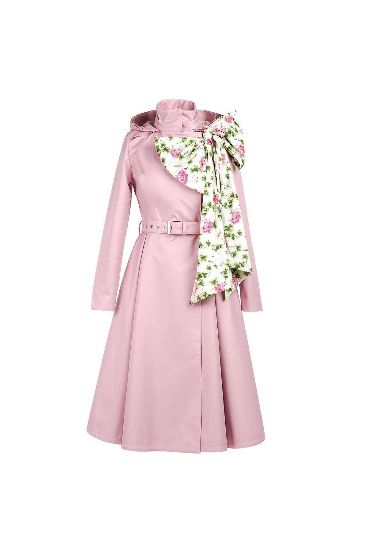 1RS0905-017 [RAINSISTERS] Mid-season Detachable Hood Double Breasted Trench Coat Light Pink Detachable Bow Accessory In Floral Print #S-ROBO (EU)