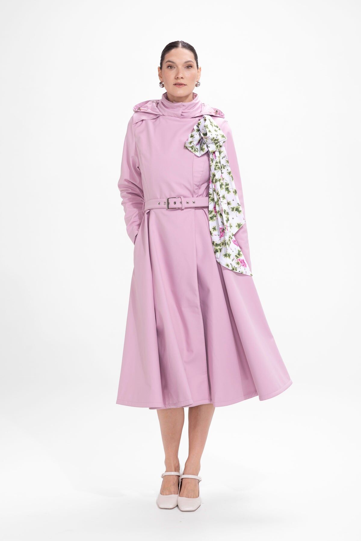 1RS0905-017 [RAINSISTERS] Mid-season Detachable Hood Double Breasted Trench Coat Light Pink Detachable Bow Accessory In Floral Print #S-ROBO (EU)