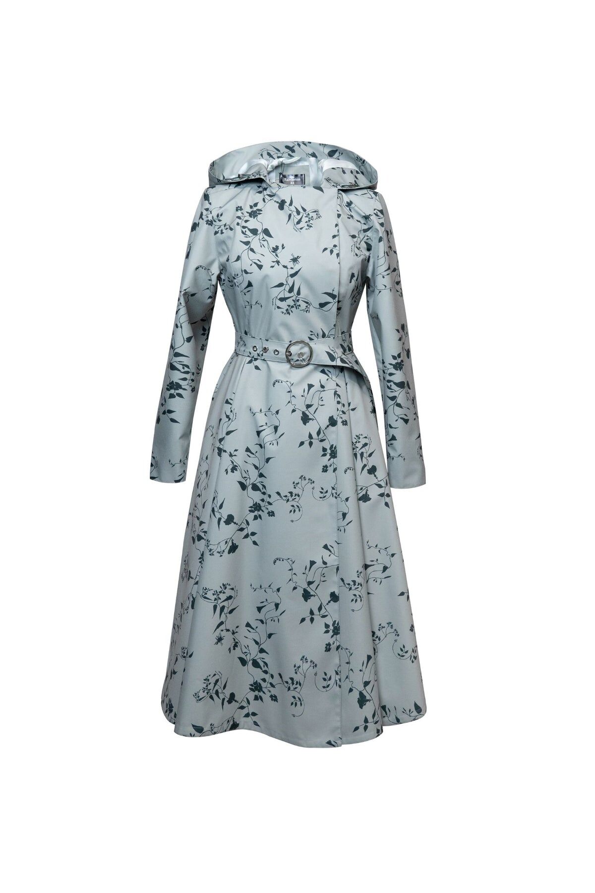 1RS0905-019 [RAINSISTERS] Summer Season Double Breasted Trench Coat Light Green With Black Graphical Floral Print #L-MIME (EU)