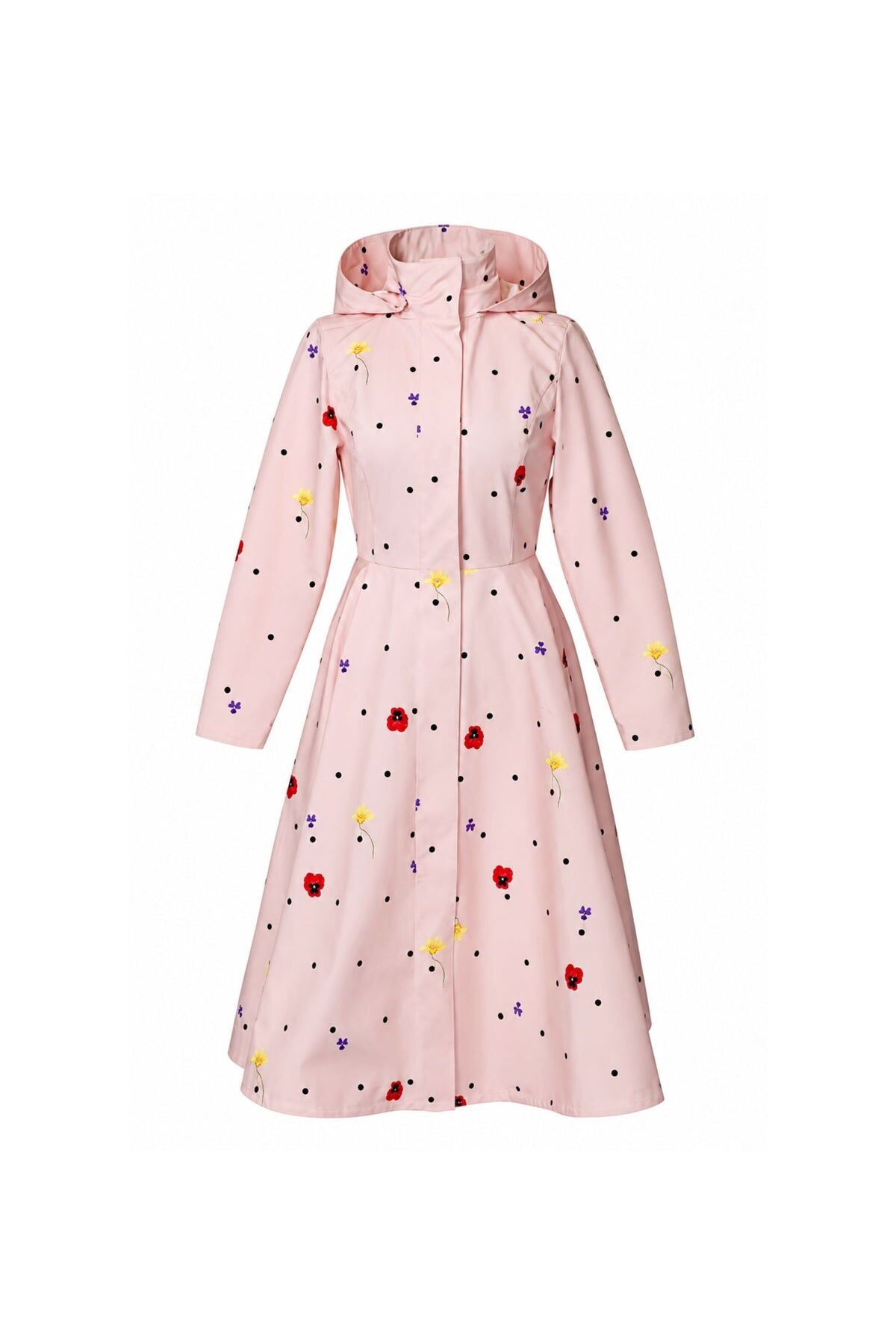 1RS0905-022 [RAINSISTERS] Mid-season Detachable Hood Single Breasted With A-Line Skirt Soft Pink With Polka Dots And Floral Print #S-COCA (EU)