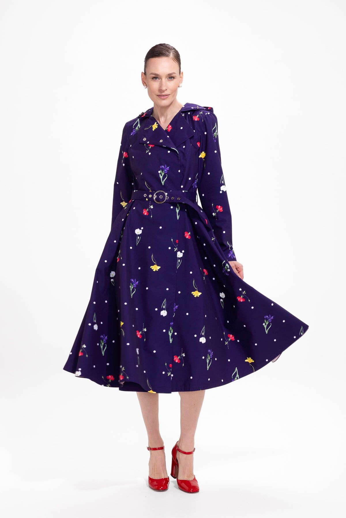 1RS0905-020 [RAINSISTERS] Summer Season Double Breasted Trench Coat Violet With Polka Dots And Floral Print #L-VIBL (EU)