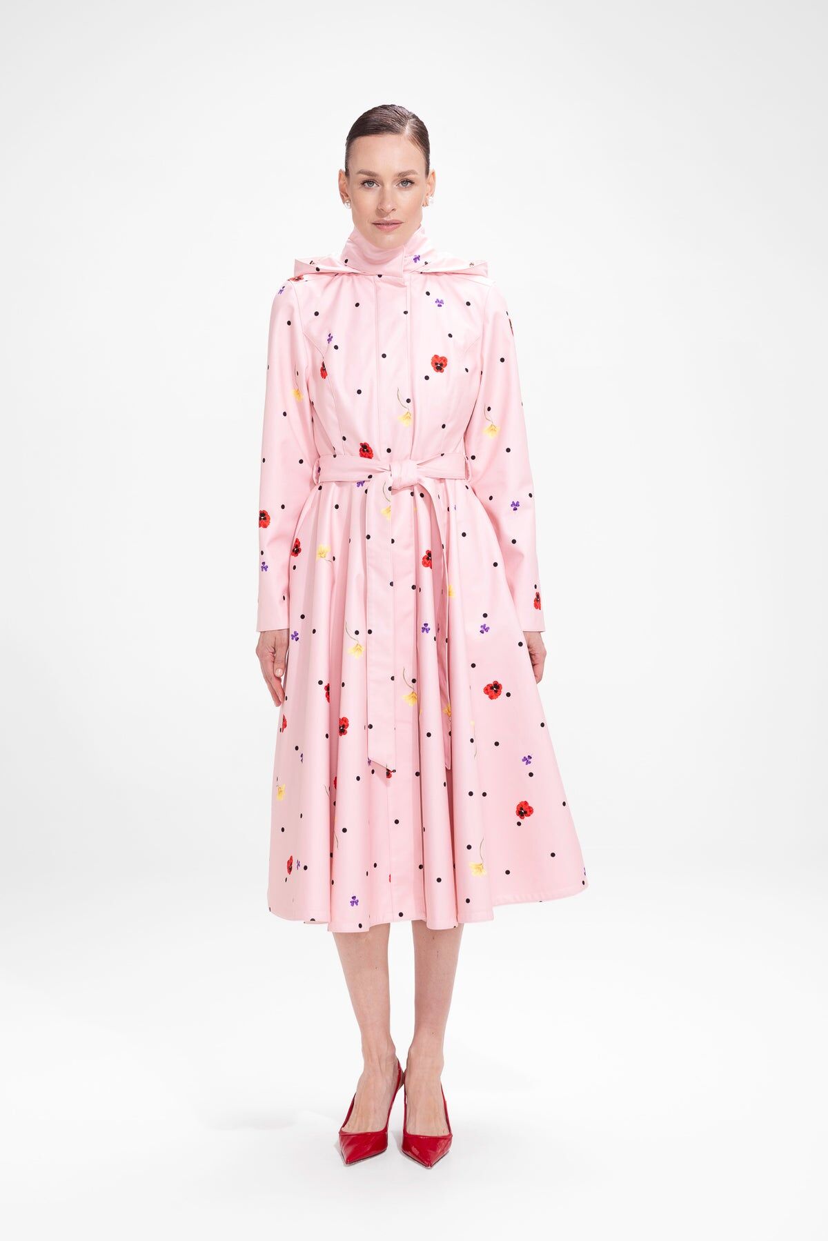 1RS0905-022 [RAINSISTERS] Mid-season Detachable Hood Single Breasted With A-Line Skirt Soft Pink With Polka Dots And Floral Print #S-COCA (EU)