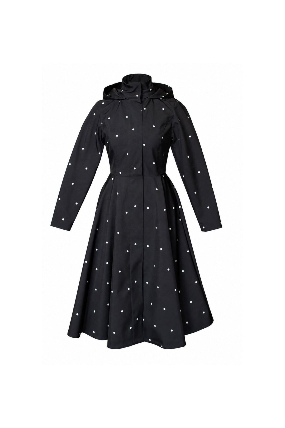 1RS0905-024 [RAINSISTERS] Mid-season Detachable Hood Single Breasted With A-Line Skirt Black With White Polka Dots #S-TIPD (EU)