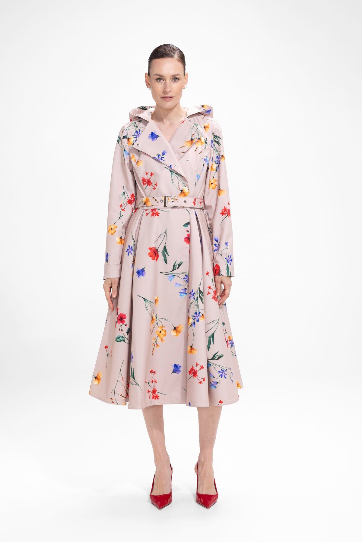 1RS0905-018 [RAINSISTERS] Mid-season Double Breasted Trench Coat Beige With Flower Print #S-SPBL (EU)