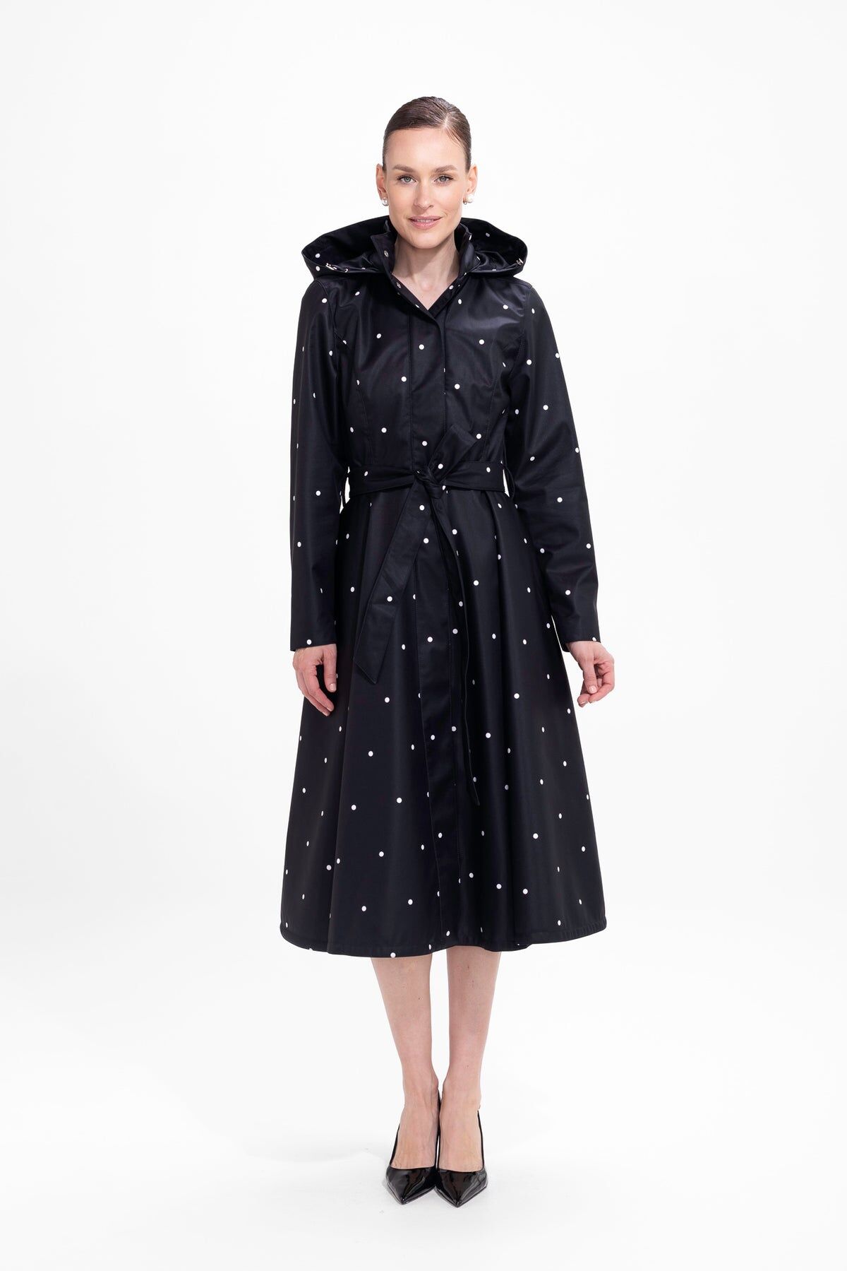 1RS0905-024 [RAINSISTERS] Mid-season Detachable Hood Single Breasted With A-Line Skirt Black With White Polka Dots #S-TIPD (EU)