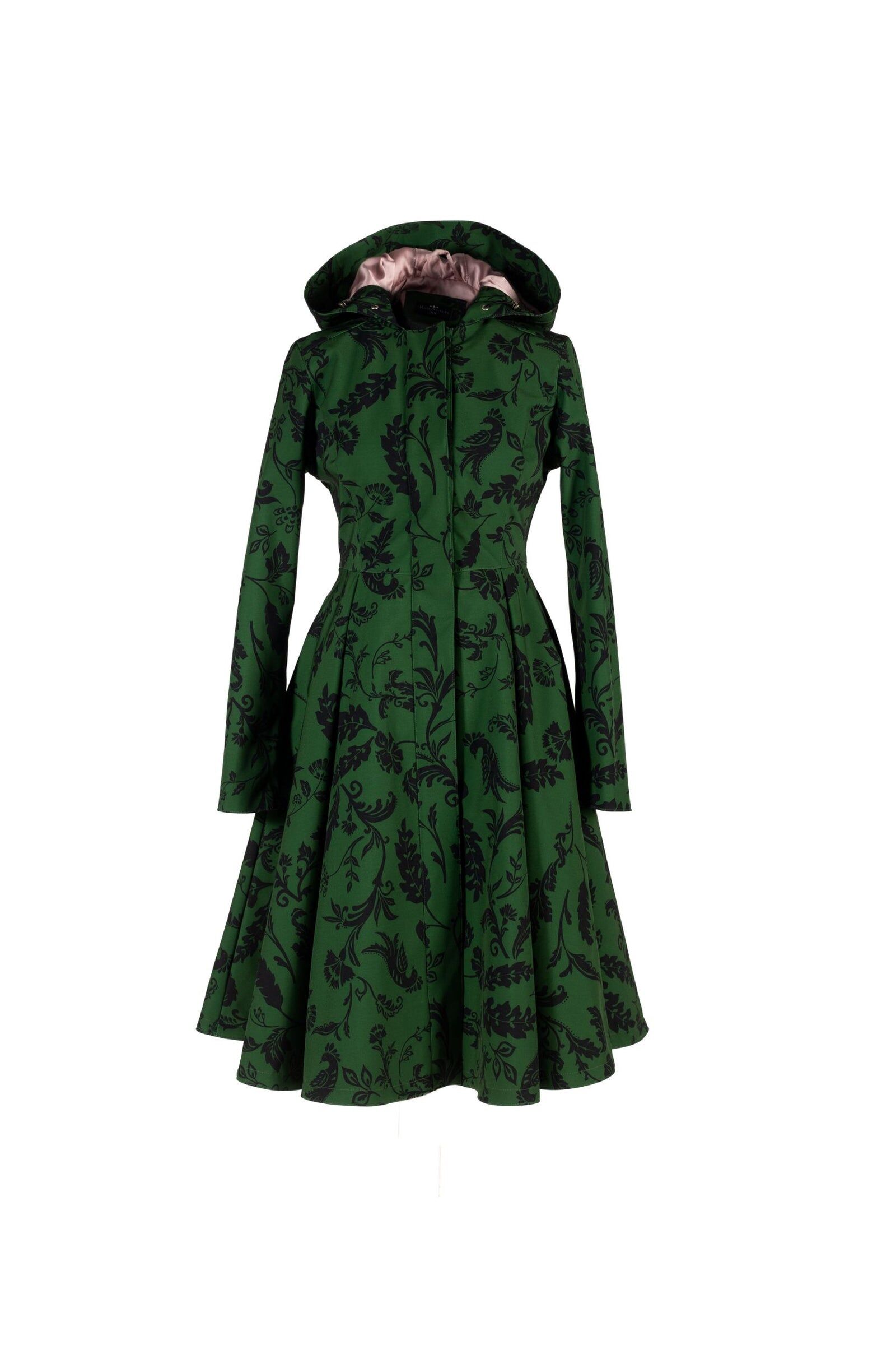 1RS0905-030 [RAINSISTERS] Mid-season Single Breasted With Large Folds In Skirt Dark Green With Black Floral Print #S-FOFL (EU)