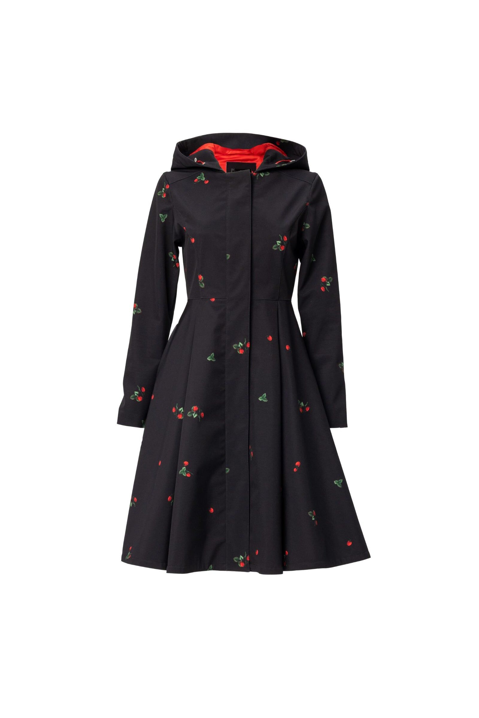 1RS0905-031 [RAINSISTERS] Mid-season Single Breasted With Large Folds In Skirt Black With Wild Strawberry Print #S-WIST (EU)