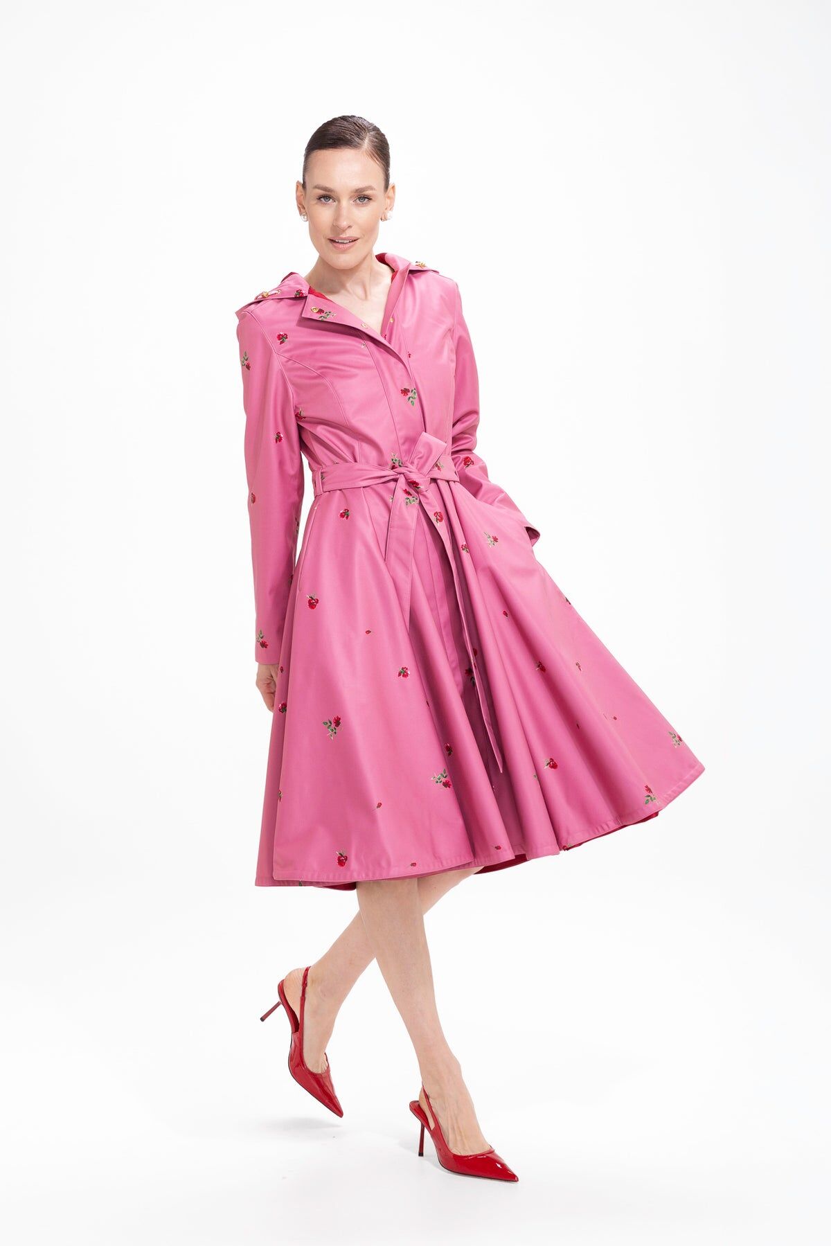 1RS0905-028 [RAINSISTERS] Mid-season Single Breasted With Full-Circle Skirt Raspberry Pink With Red Floral Print #S-RASO (EU)