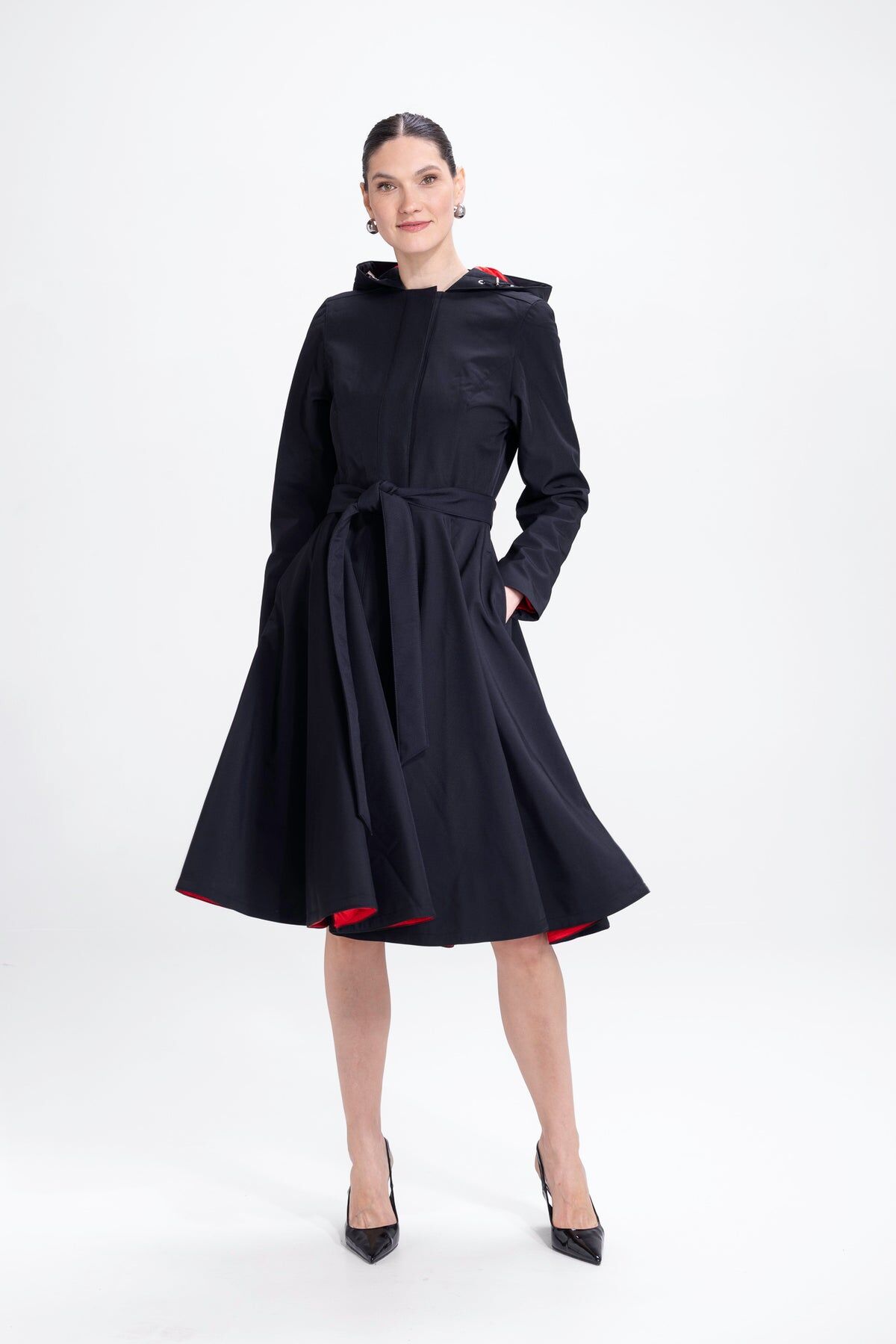 1RS0905-027 [RAINSISTERS] Mid-season Single Breasted With Full-Circle Skirt Black And Red Inner Lining #S-RARE (EU)