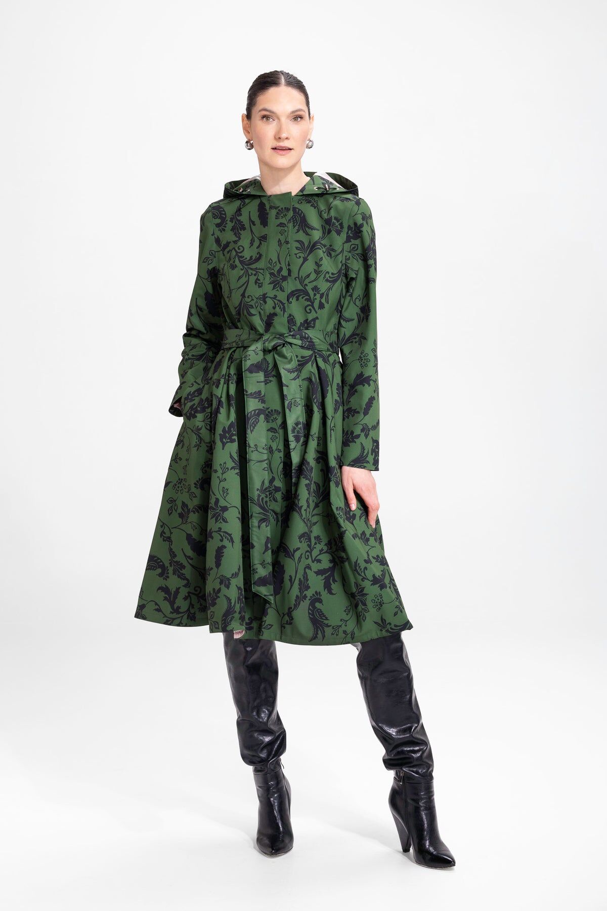1RS0905-030 [RAINSISTERS] Mid-season Single Breasted With Large Folds In Skirt Dark Green With Black Floral Print #S-FOFL (EU)
