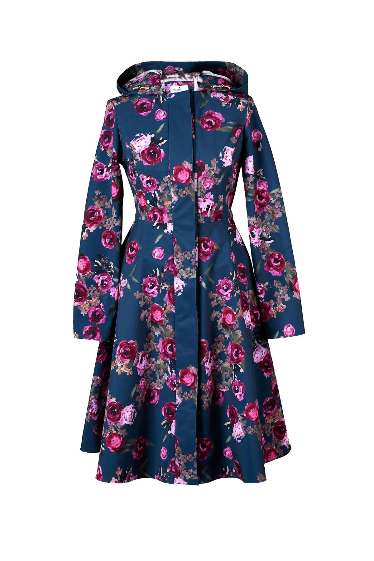 1RS0905-032 [RAINSISTERS] Mid-season Single Breasted With Pleats At The Back Of The Skirt Shade Of Blue With Pink Floral Print #S-MIRO (EU)