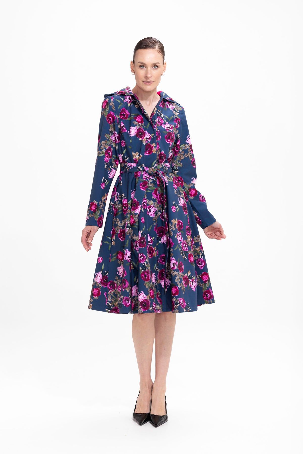 1RS0905-032 [RAINSISTERS] Mid-season Single Breasted With Pleats At The Back Of The Skirt Shade Of Blue With Pink Floral Print #S-MIRO (EU)