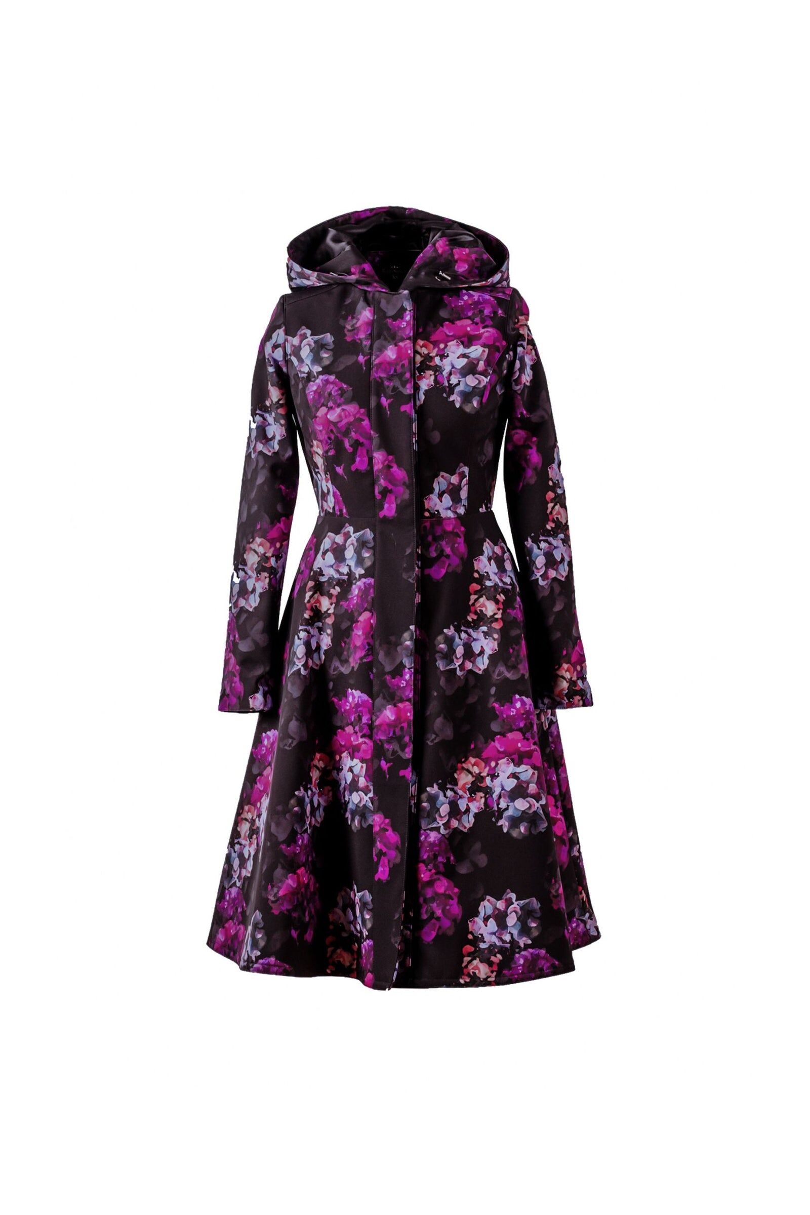 1RS0905-036 [RAINSISTERS] Mid-season Single Breasted With Semi-Circle Skirt Black With Purple With Pink Floral Print #S-HORT (EU)