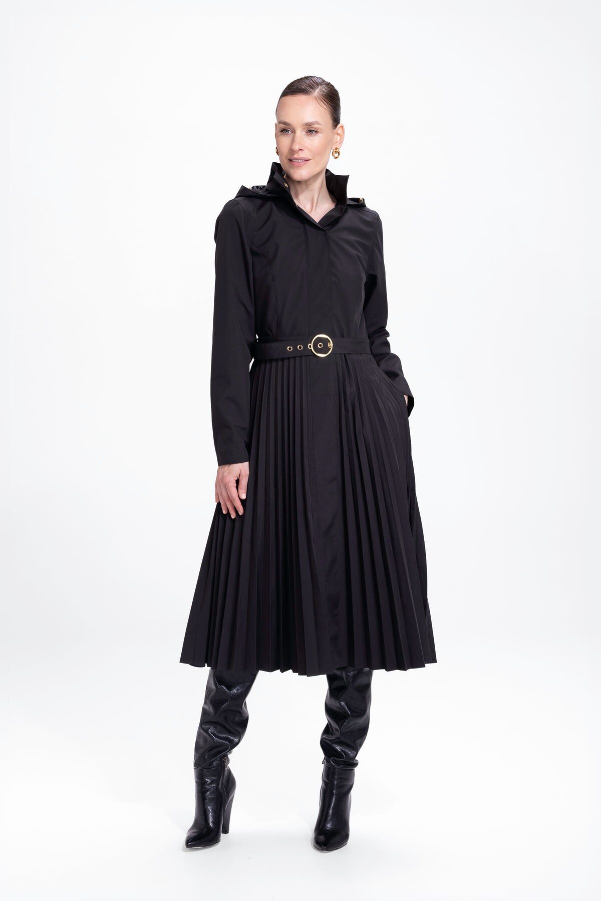1RS0905-035 [RAINSISTERS] Summer Season Detachable Hood Single Breasted With Plissé Semi-Circled Skirt Black #L-BKSW (EU)