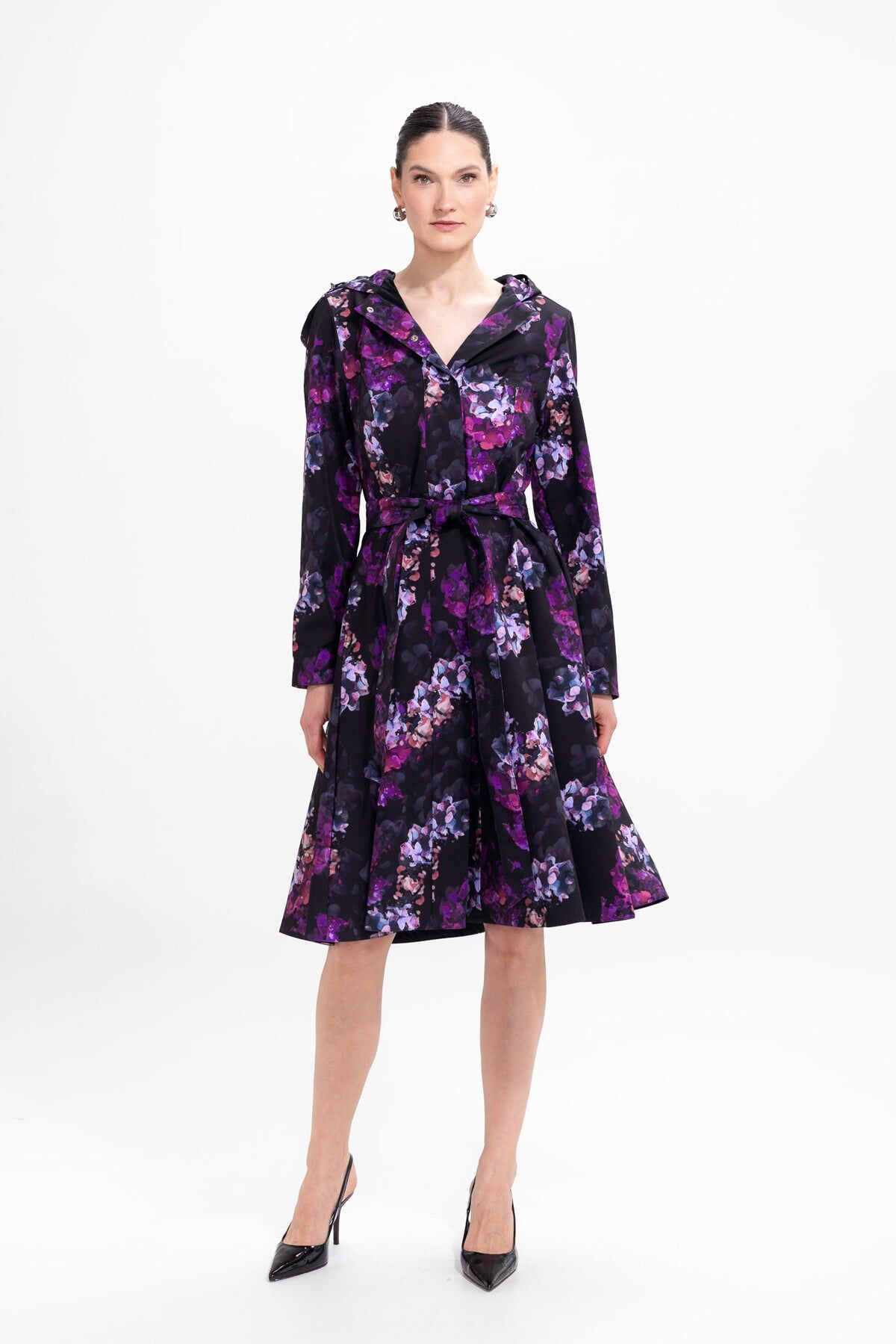 1RS0905-036 [RAINSISTERS] Mid-season Single Breasted With Semi-Circle Skirt Black With Purple With Pink Floral Print #S-HORT (EU)