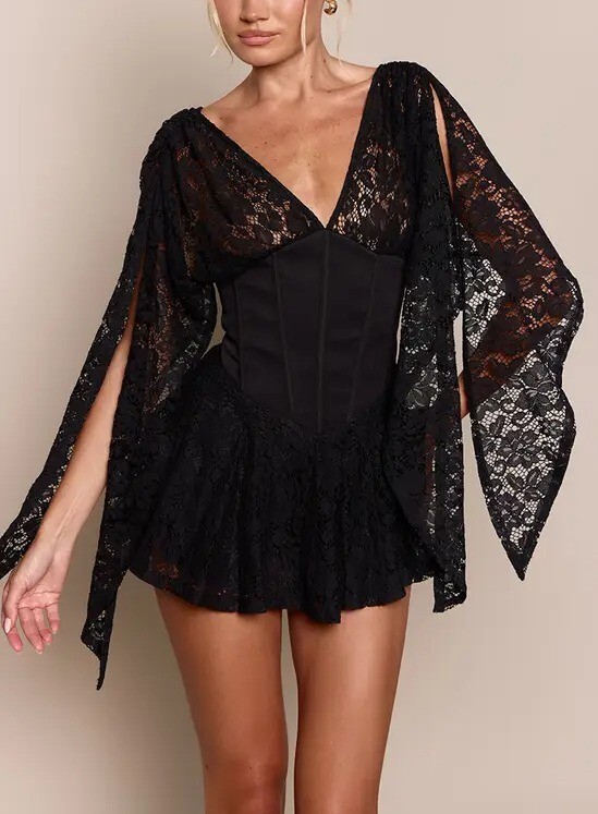 Black Bubble黑色編織蕾絲披肩袖馬甲Mini Dress