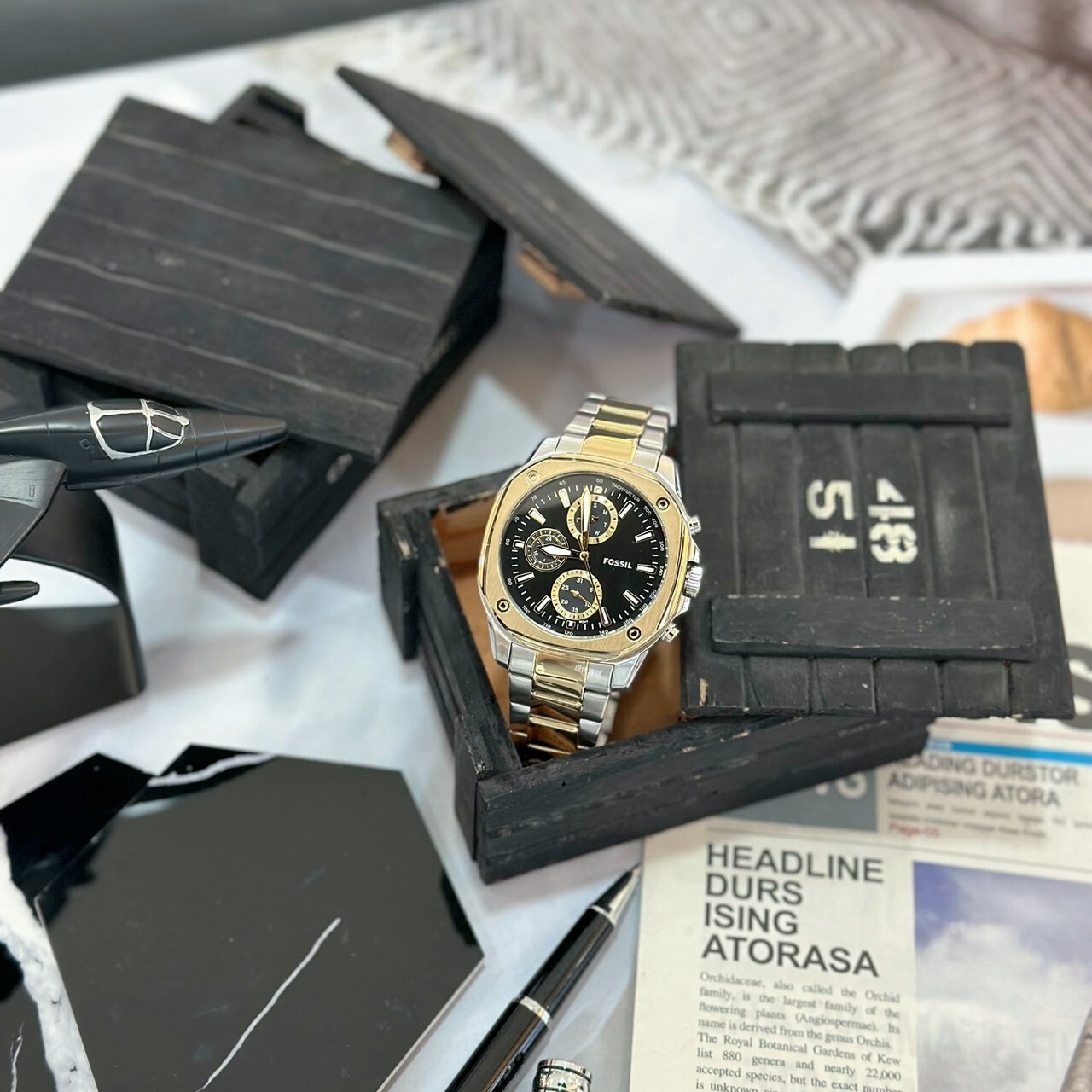 【FOSSIL】Gage輕奢銀金雙色八角 BQM7143 47mm 現代鐘錶