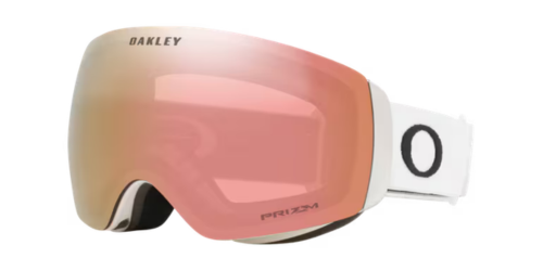 OAKLEY Flight Deck™ M滑雪風鏡霧白框玫瑰金Prizm鏡片正面視圖，鏡片上緣印有OAKLEY字樣，鏡框側邊黑色O字標誌搭配白色頭帶